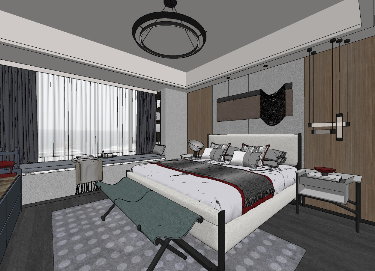 新中式卧室,su草图模型下载