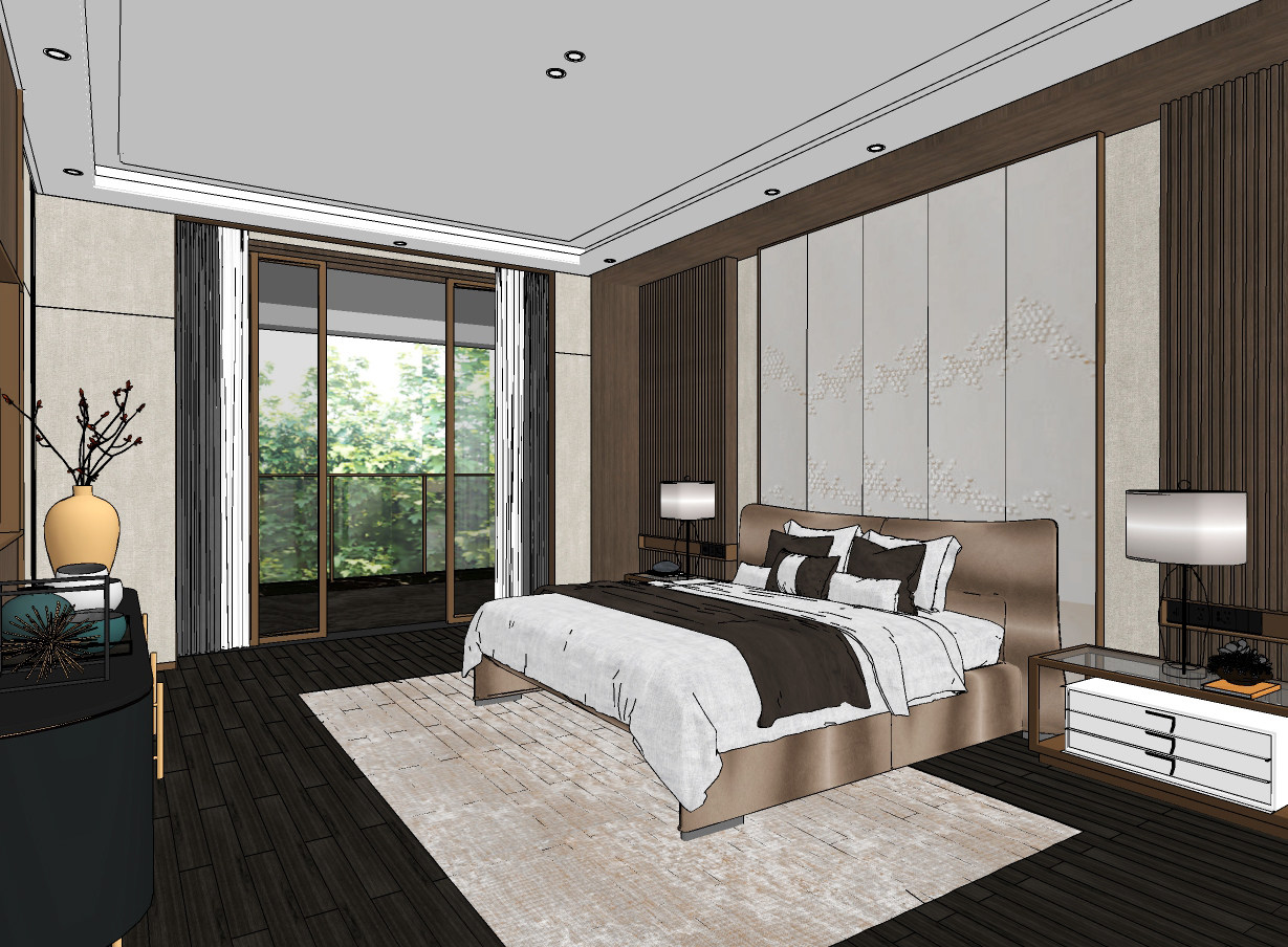 新中式卧室,su草图模型下载