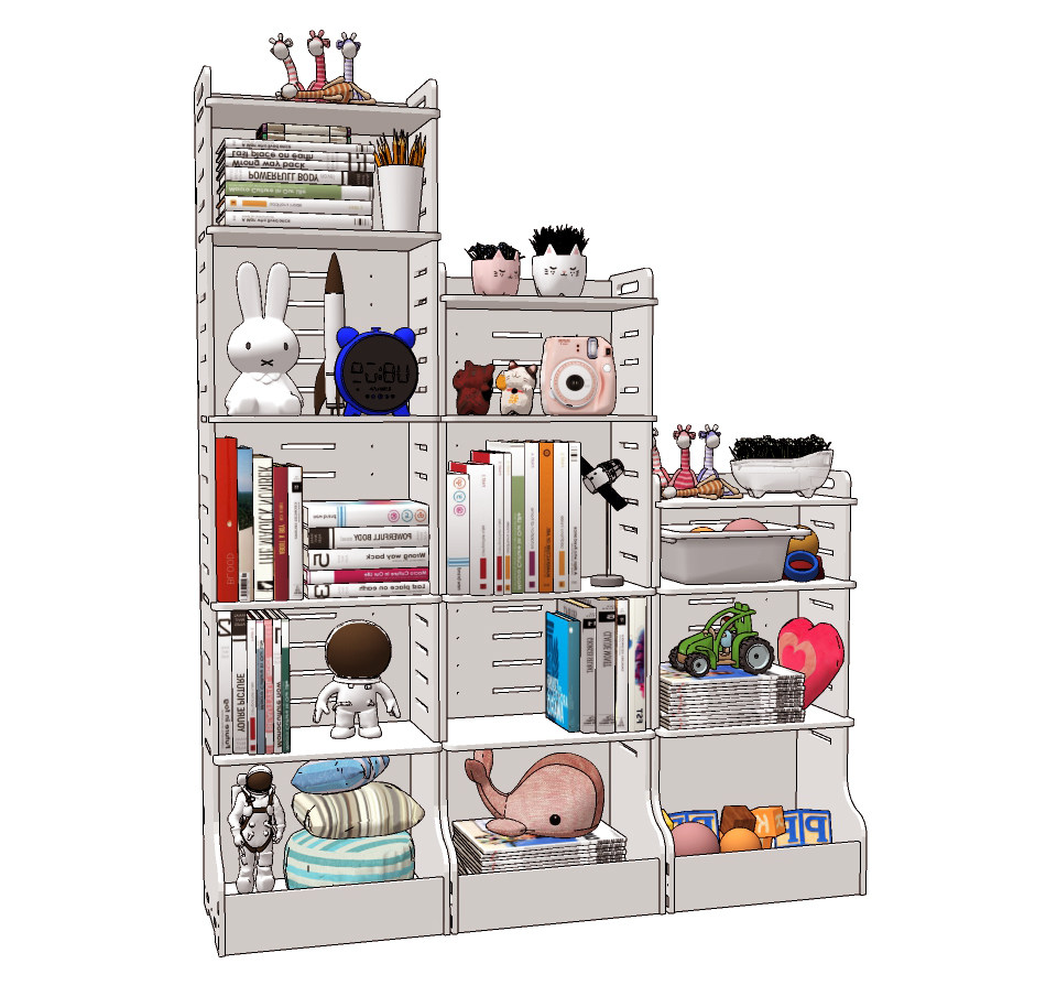 现代儿童房置物架,玩具柜及摆件组合su草图模型下载