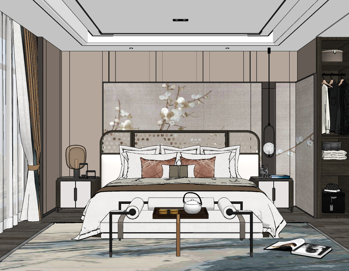 新中式样板间卧室su草图模型下载