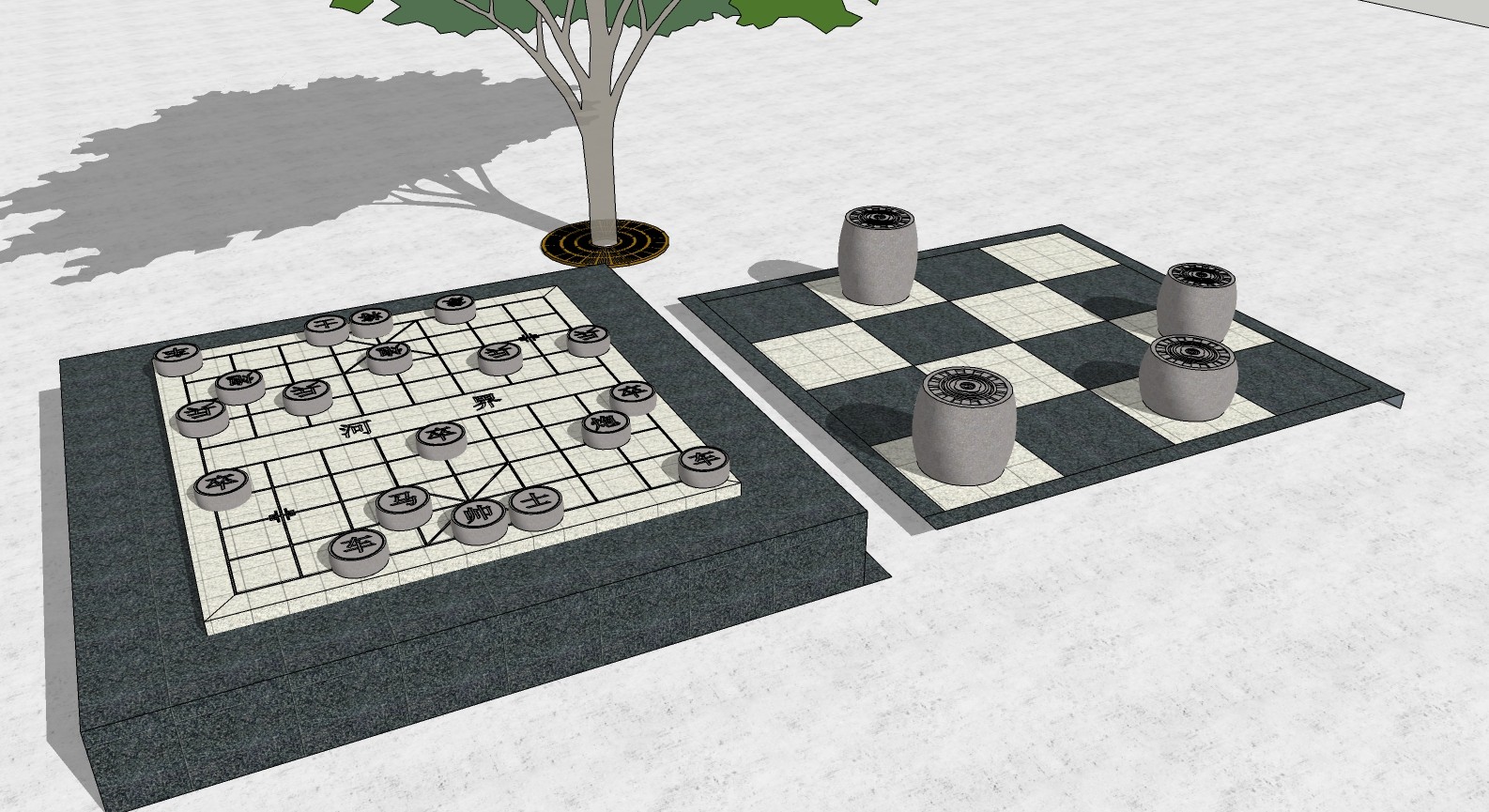 户外象棋小品特色树池坐凳，石凳su草图模型下载