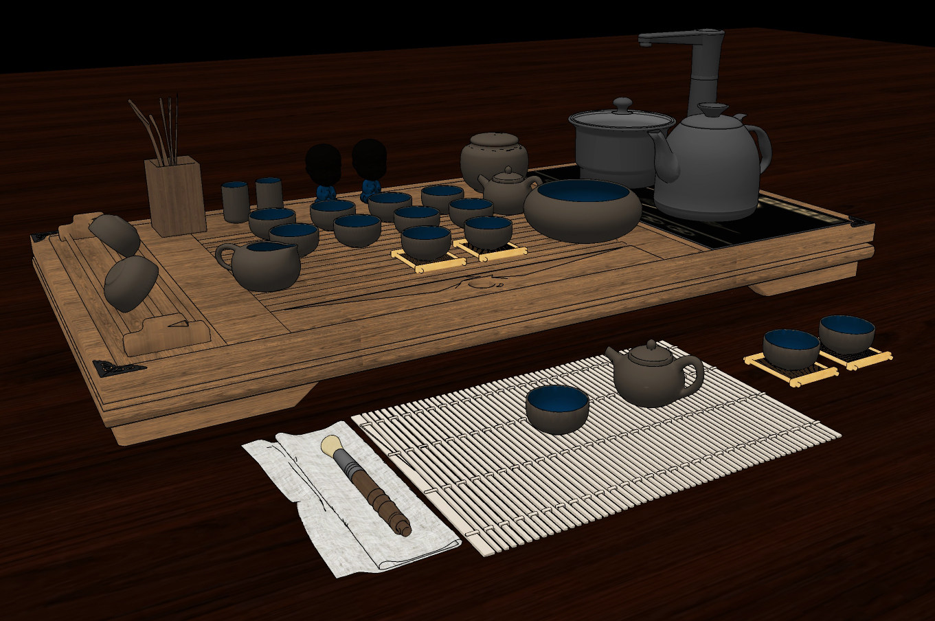 新中式茶具组合su草图模型下载