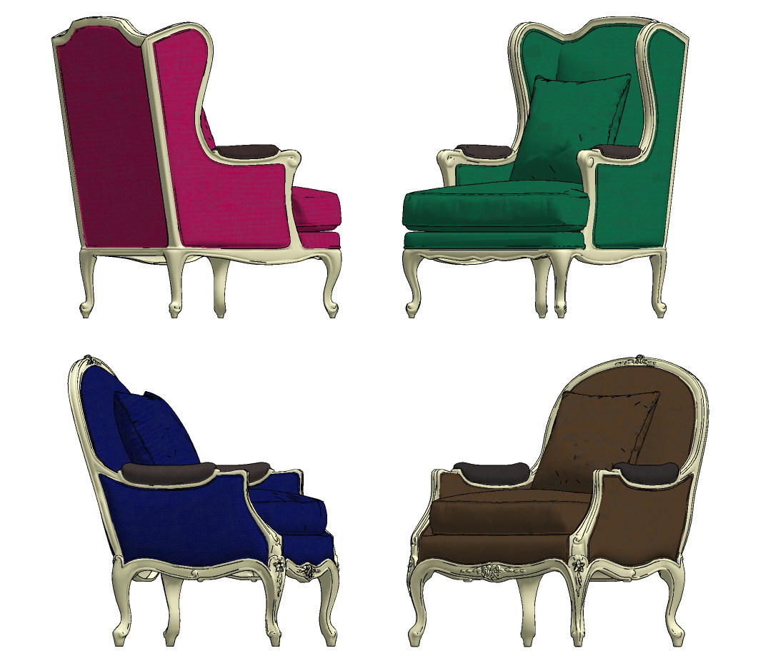 欧式法式美式绒布单人沙发组合su草图模型下载