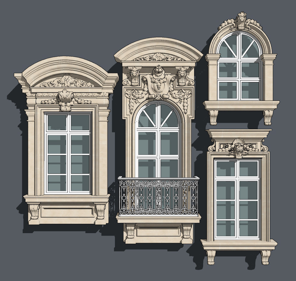 欧式法式古典雕花窗户su草图模型下载