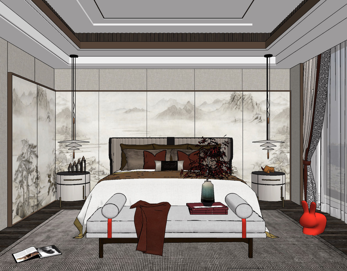现代新中式卧室su草图模型下载
