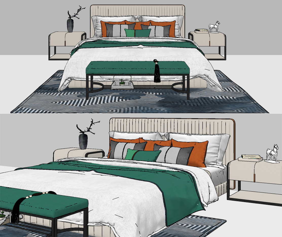 新中式布艺双人床,床头柜组合su草图模型下载