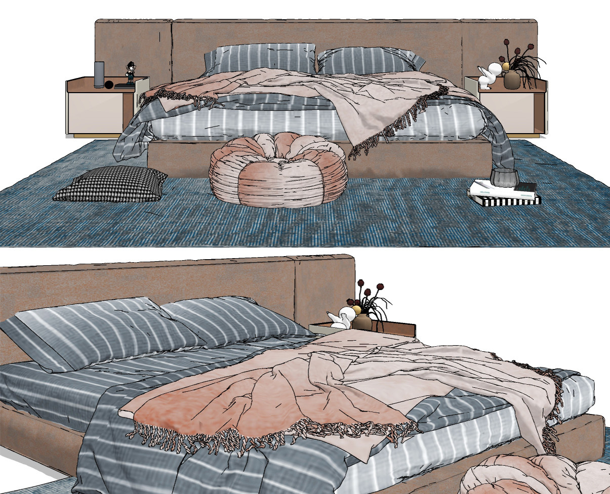 现代布艺双人床,床具组合su草图模型下载