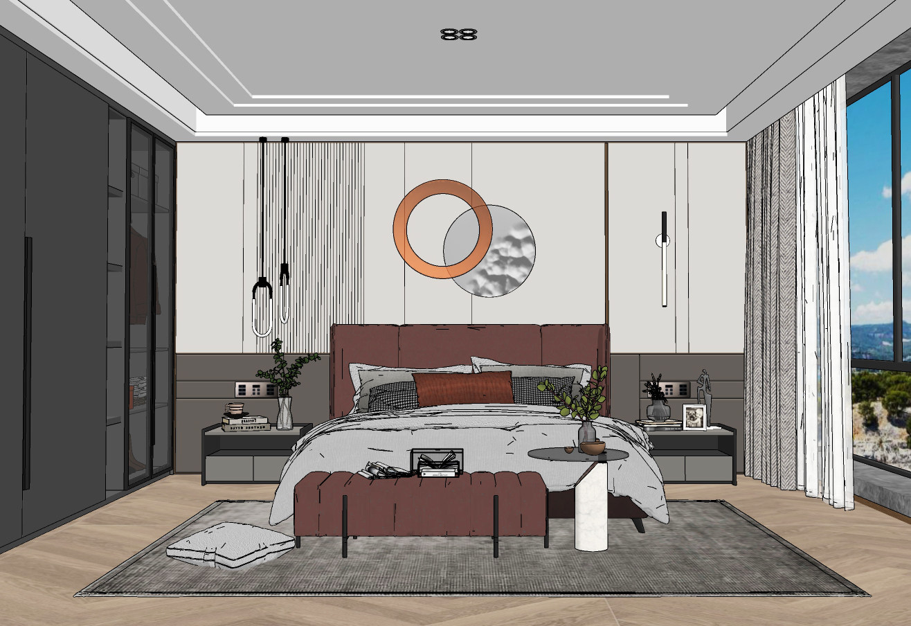 现代卧室,双人床组合su草图模型下载