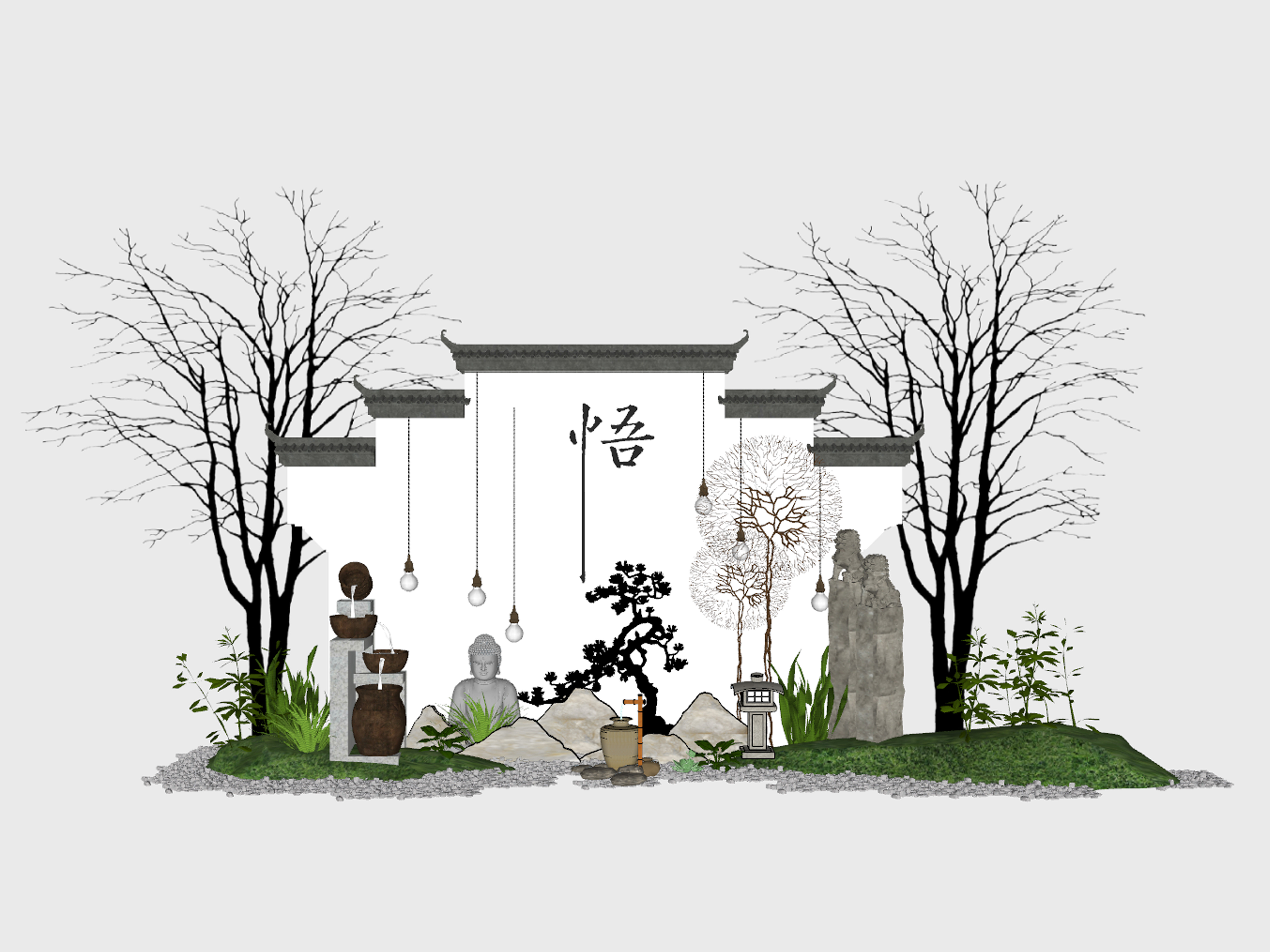 中式景观雕塑小品组合 su草图模型下载