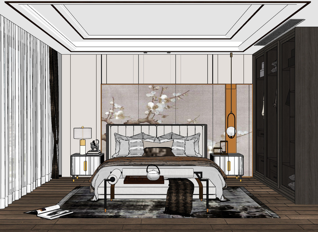新中式轻奢卧室,su草图模型下载