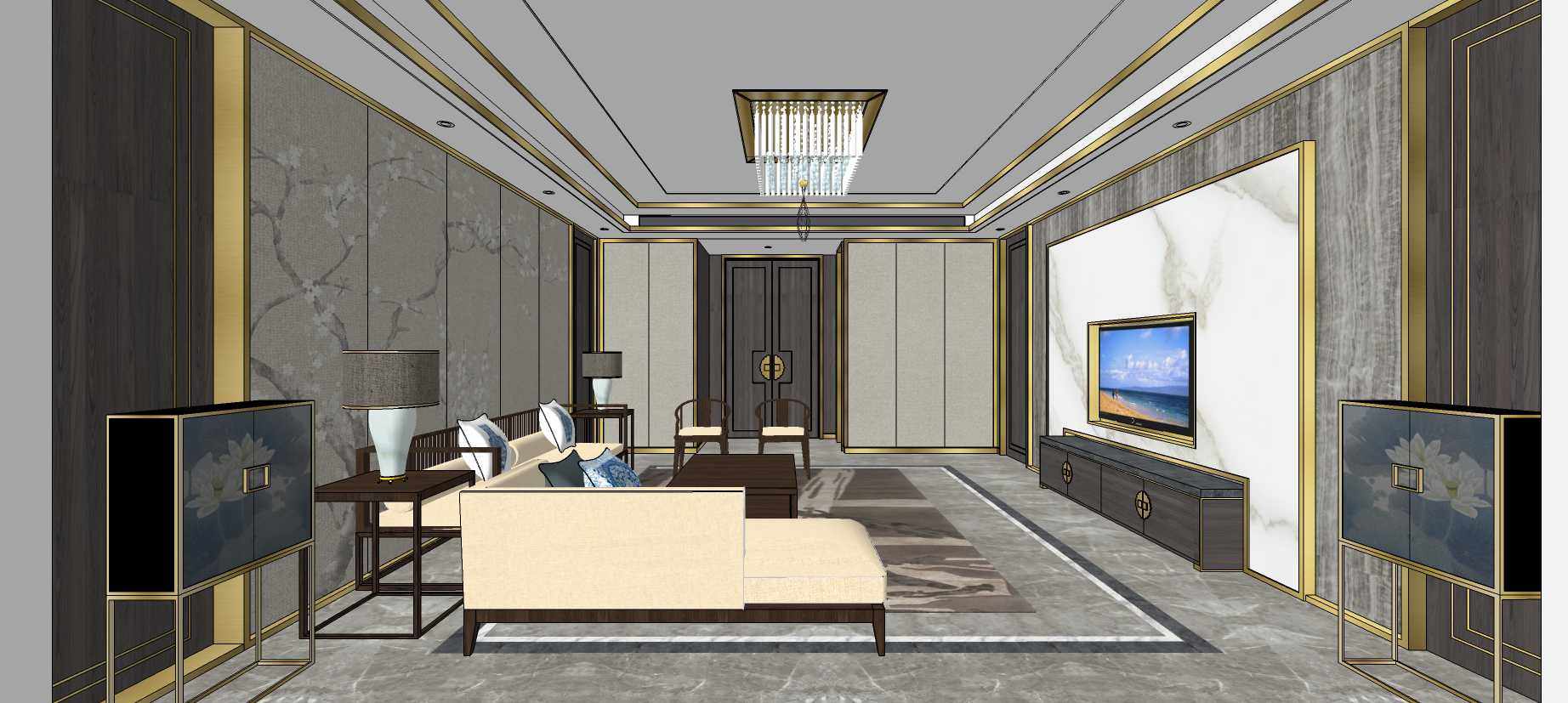 新中式客厅家具沙发吸顶灯su草图模型下载