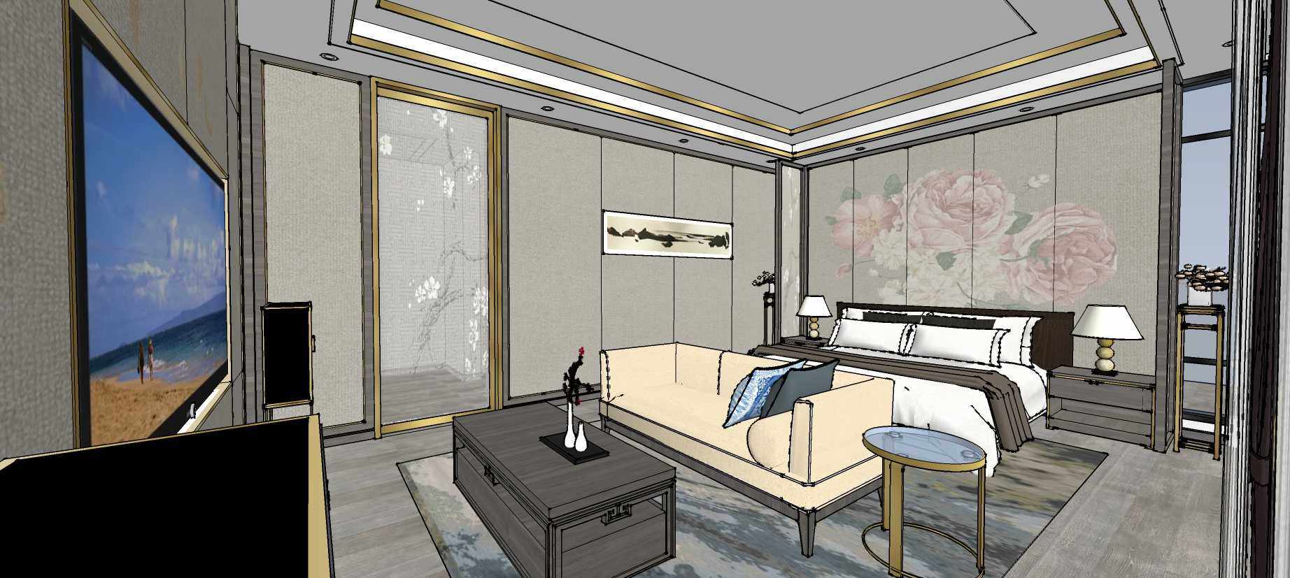 新中式样板间卧室双人床su草图模型下载