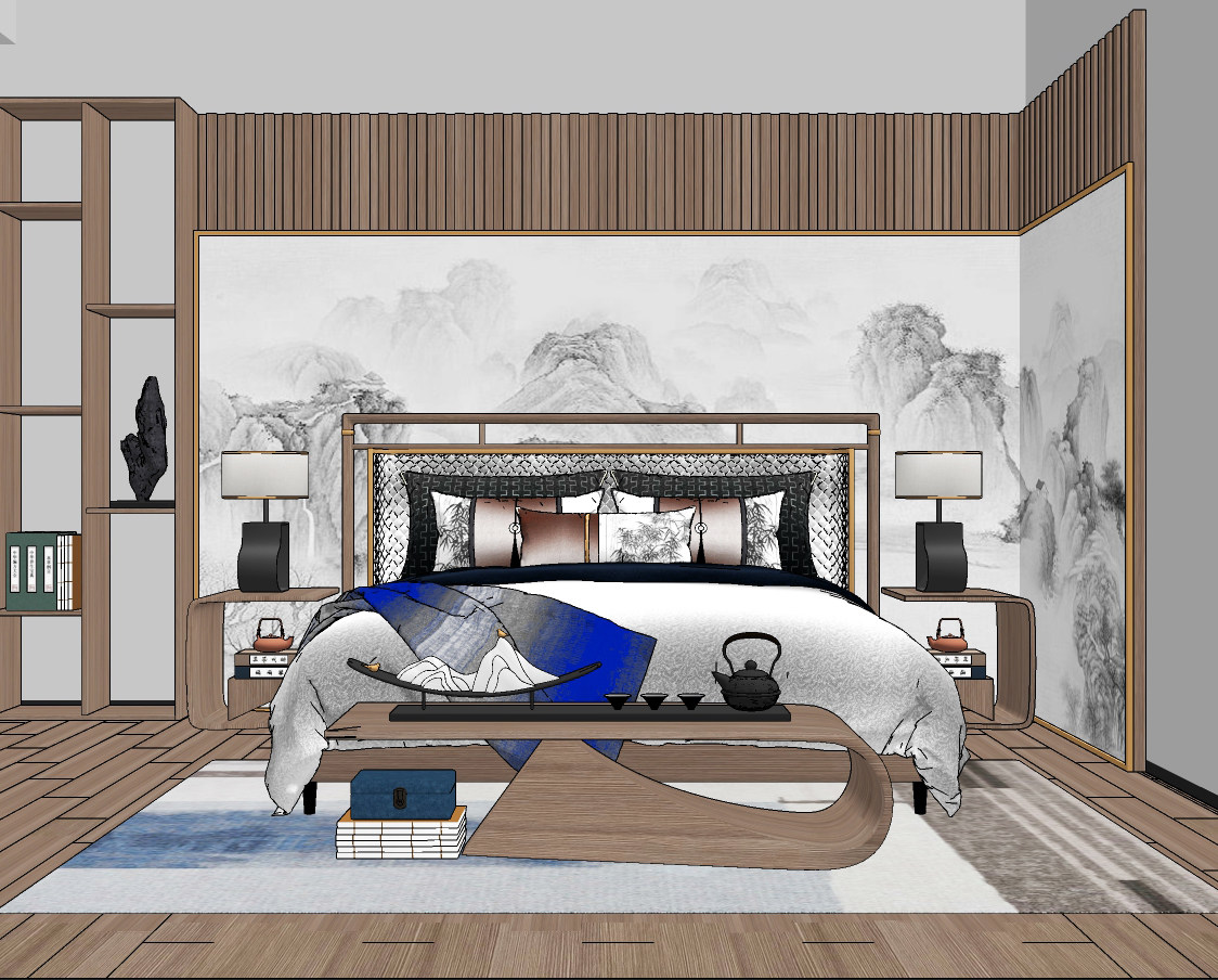 新中式实木双人床,床具,su草图模型下载