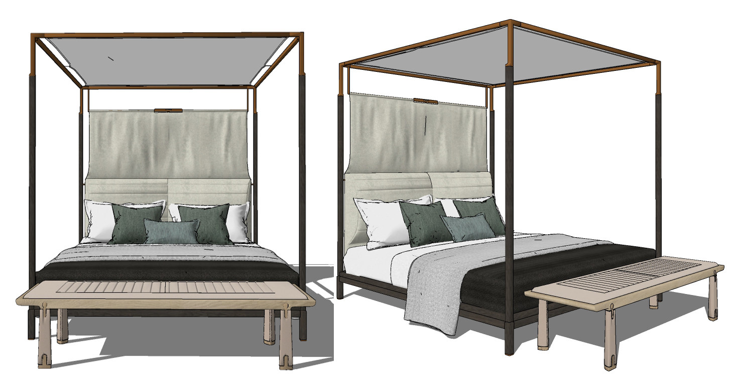 新中式木架子布艺双人床,床具su草图模型下载