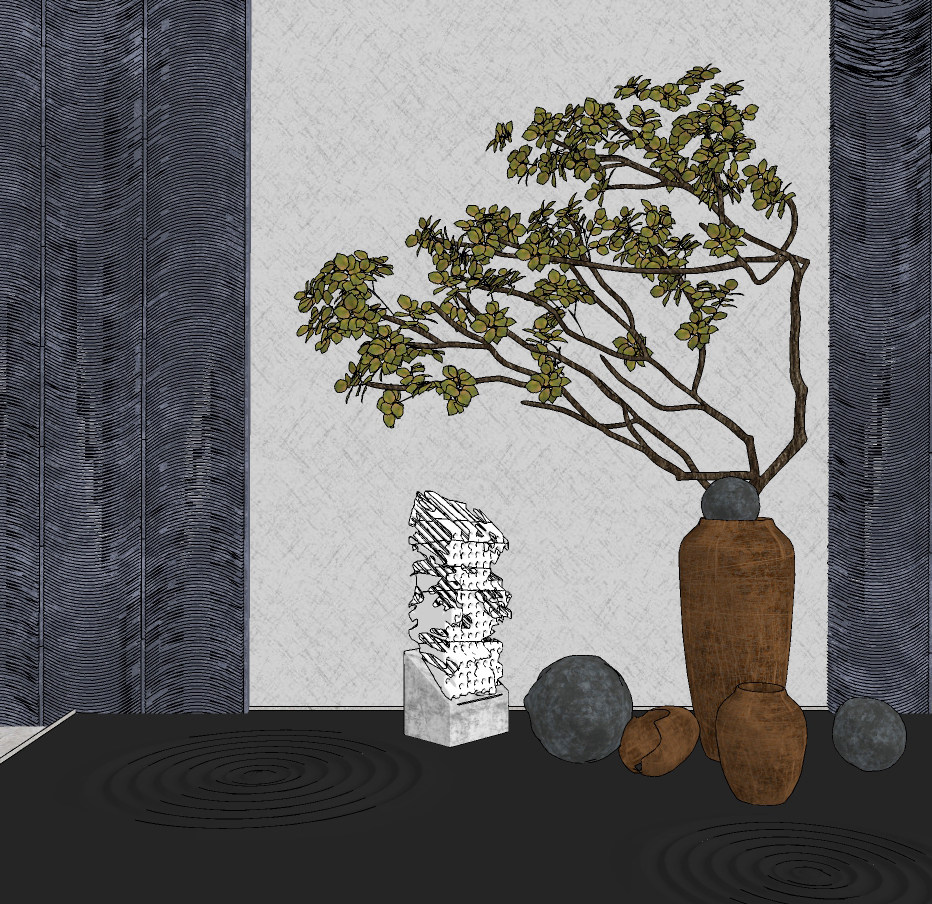 新中式景观小品陶罐子植物雕塑组合,su草图模型下载