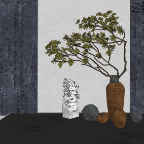 新中式景观小品陶罐子植物雕塑组合,su草图模型下载