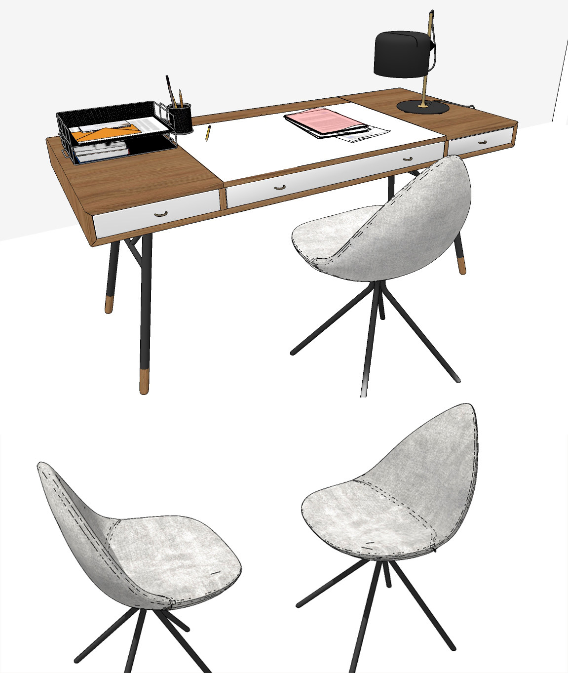 丹麦 boconcept 现代书桌椅组合,su草图模型下载