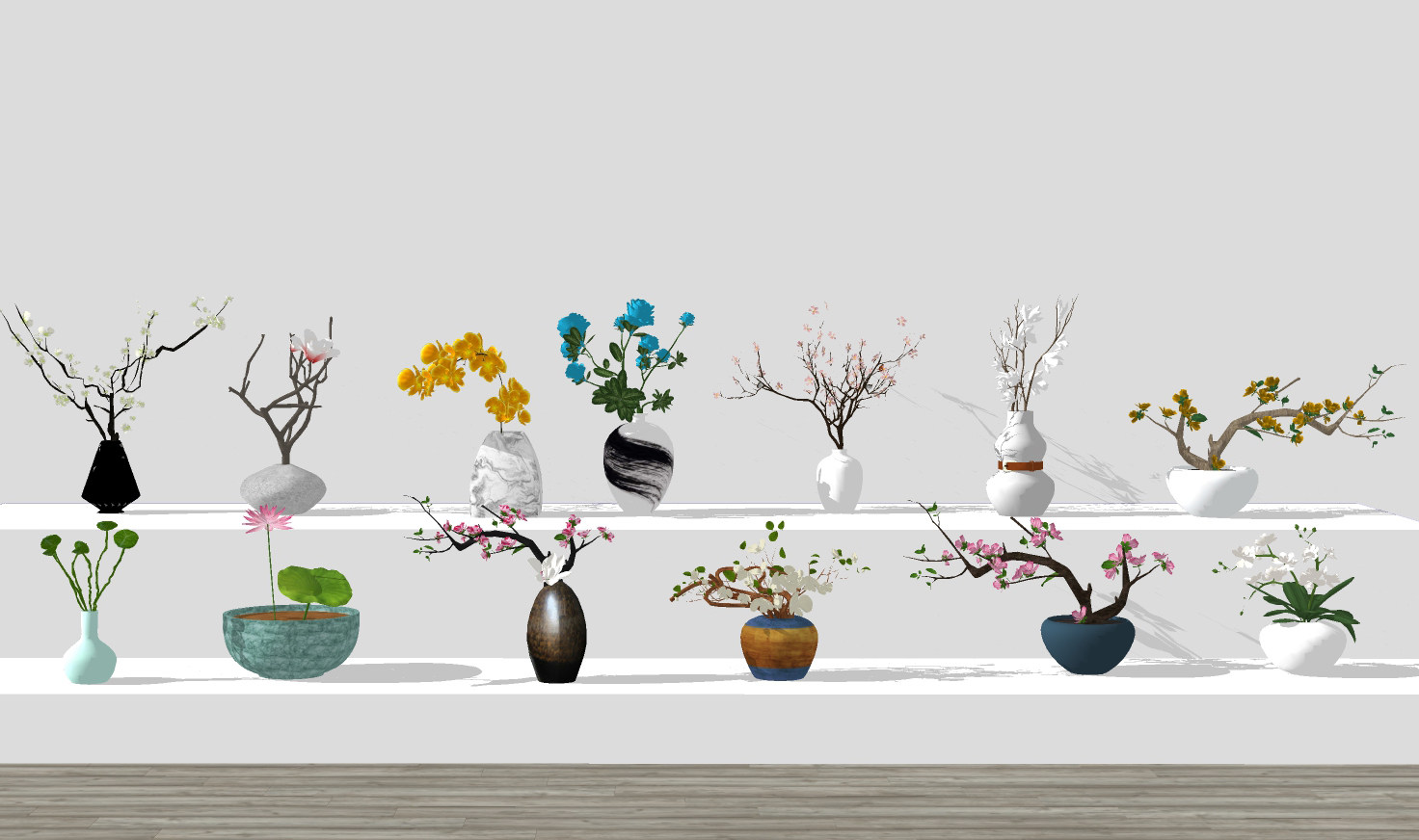 01新中式花艺，花瓶，插花，盆栽su草图模型下载