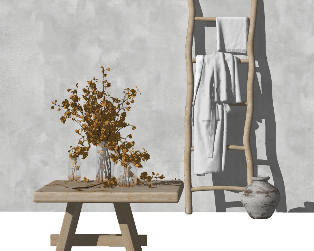 44现代民宿木板凳，浴巾梯子陶罐花瓶花卉su草图模型下载