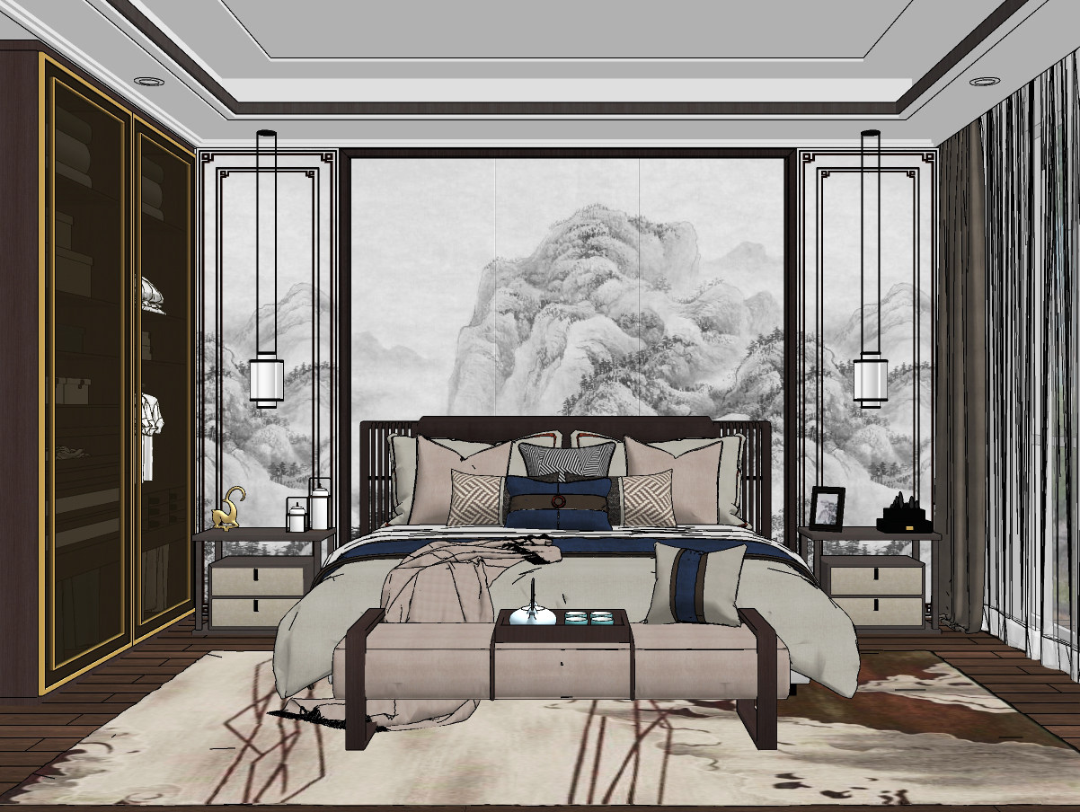 中式家居卧室su草图模型下载