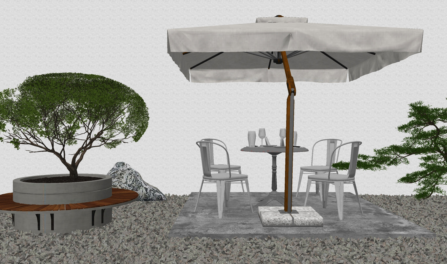 现代户外桌椅,遮阳伞,su草图模型下载