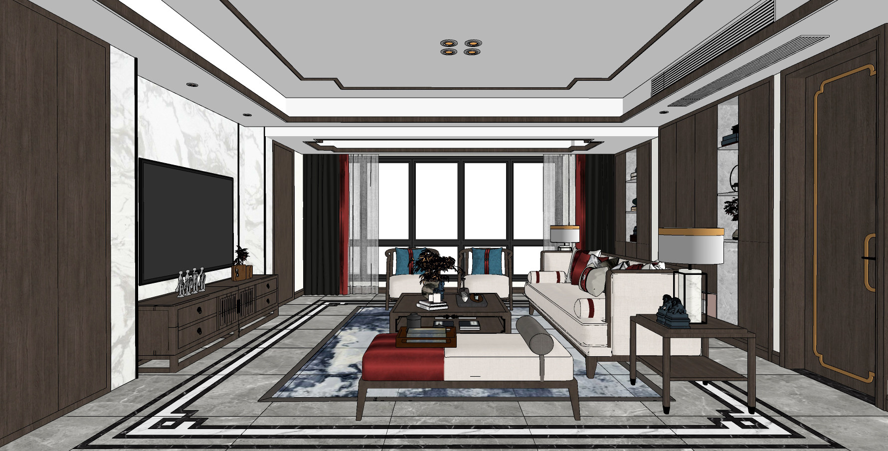 新中式客厅,su草图模型下载