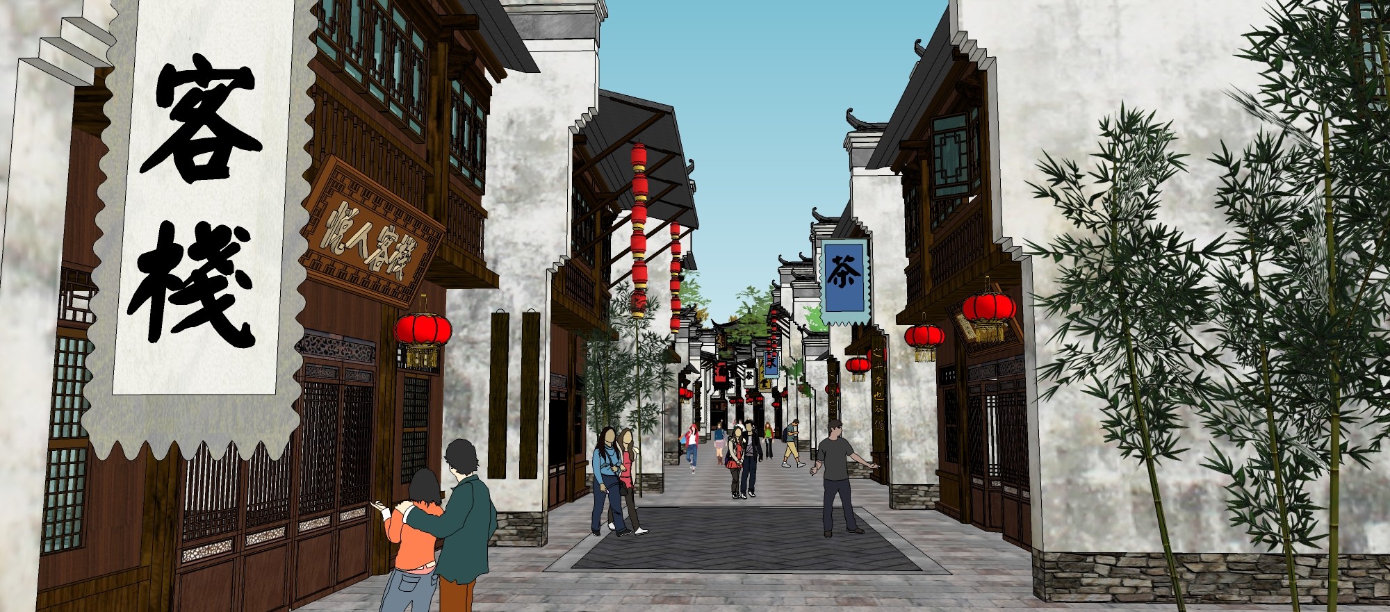 中式古典沿河商业街，古镇徽派建筑 (1)su草图模型下载