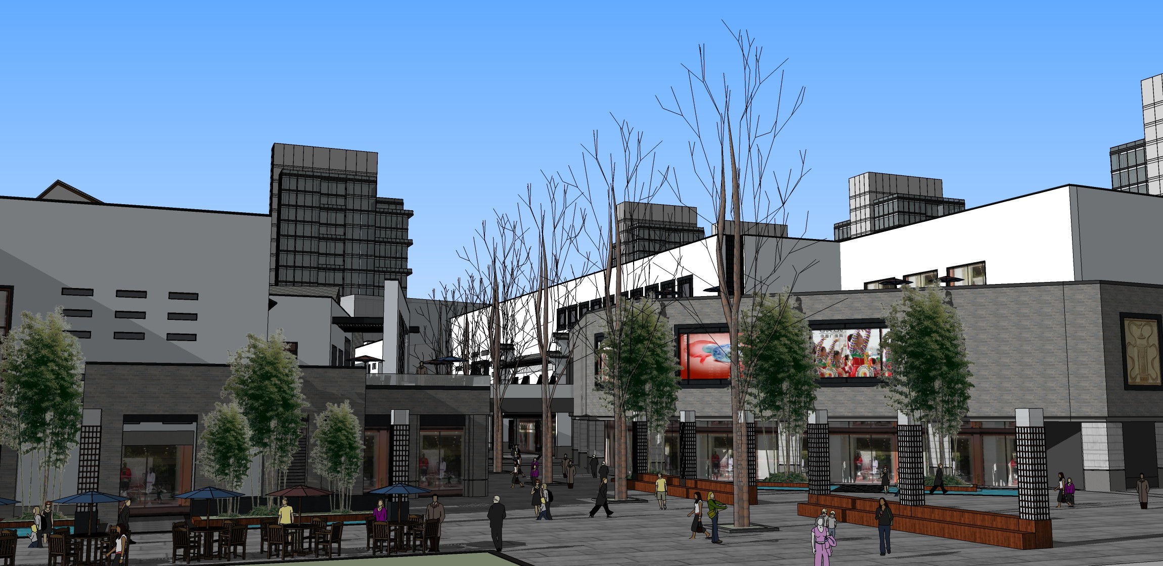 新中式商业街区，步行街su草图模型下载