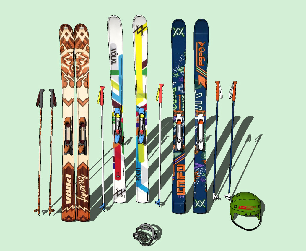 现代滑雪板滑雪杖雪橇，雪具su草图模型下载