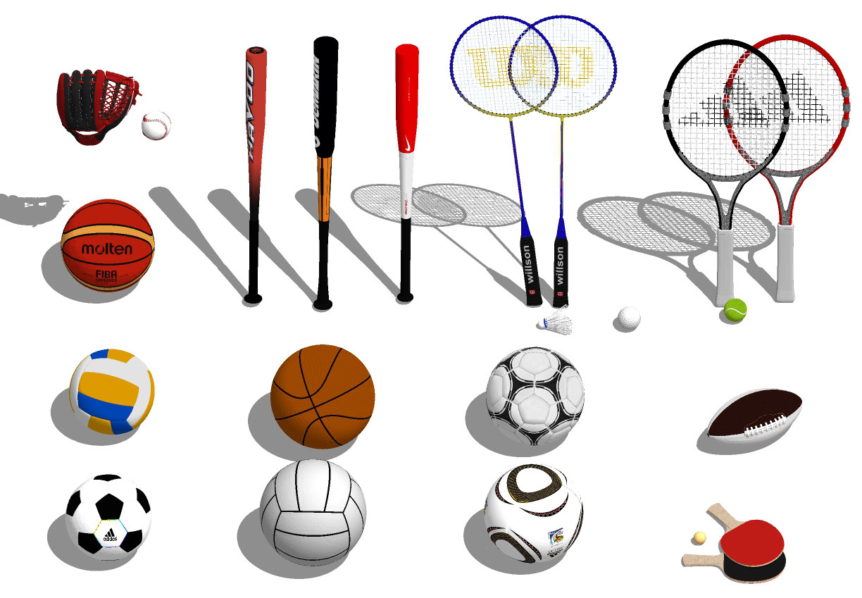 现代羽毛球球拍，网球球拍，足球篮球橄榄球，棒球，乒乓球排球球拍球类体育用品健身器材su草图模型下载