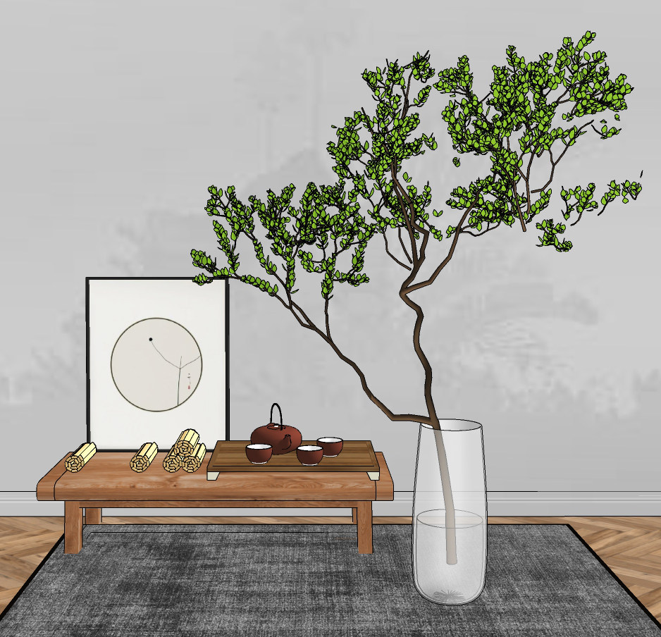 新中式茶桌植物盆栽su草图模型下载