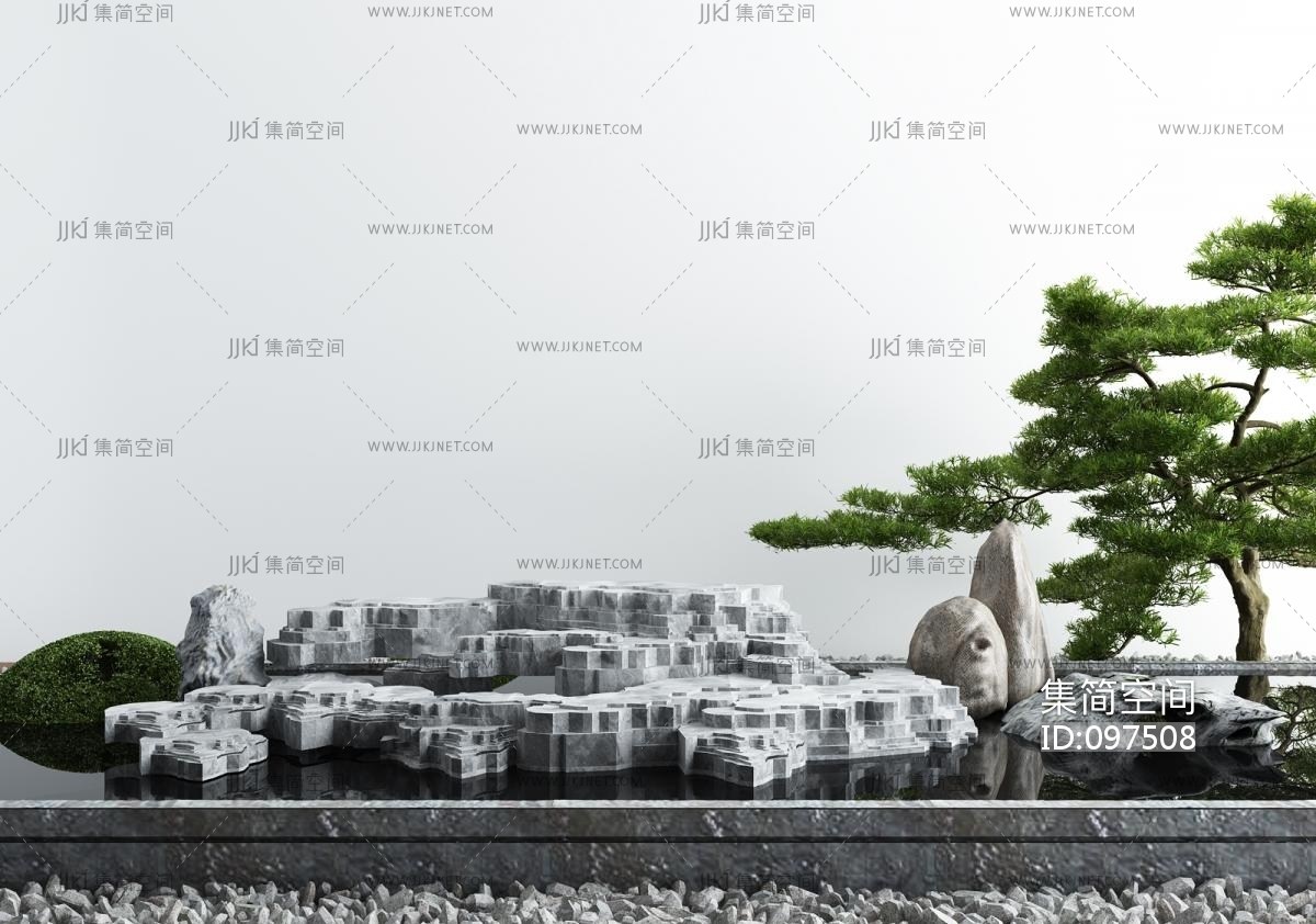 新中式庭院景观小品假山水景su草图模型下载