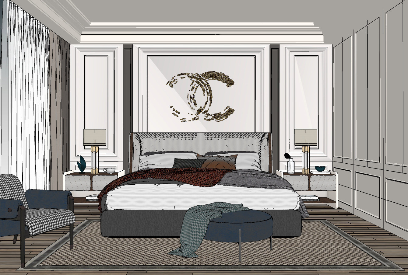 现代美式轻奢卧室,su草图模型下载