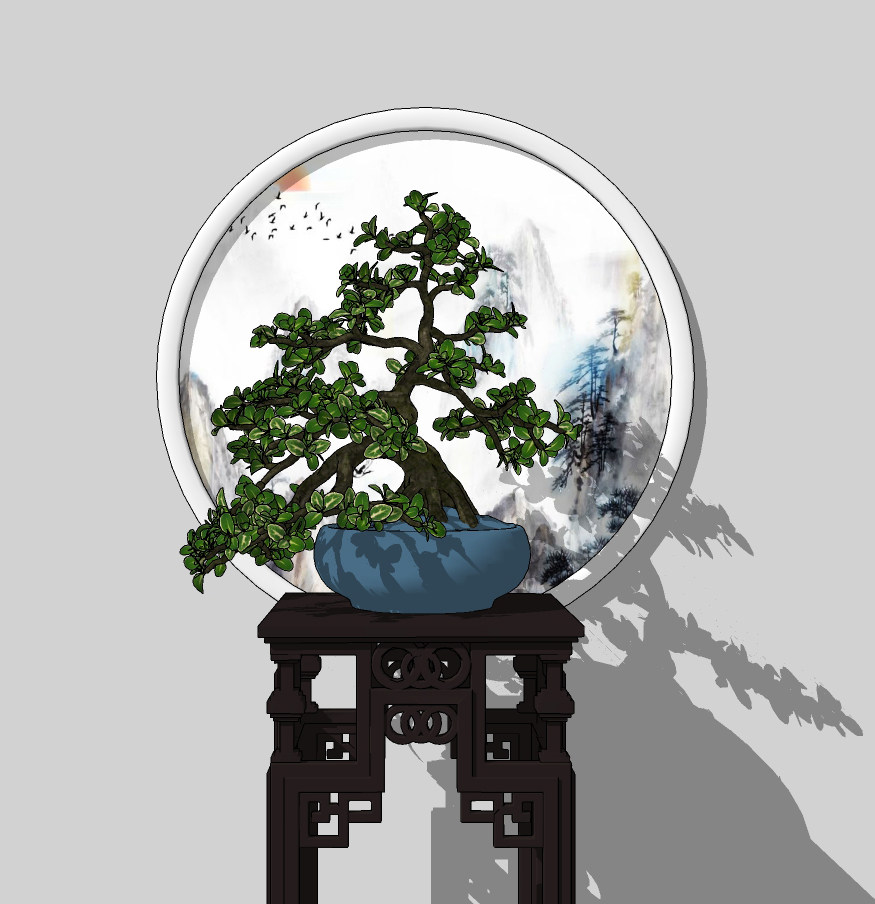 新中式植物盆栽,盆景,绿植花架摆台 (1)su草图模型下载