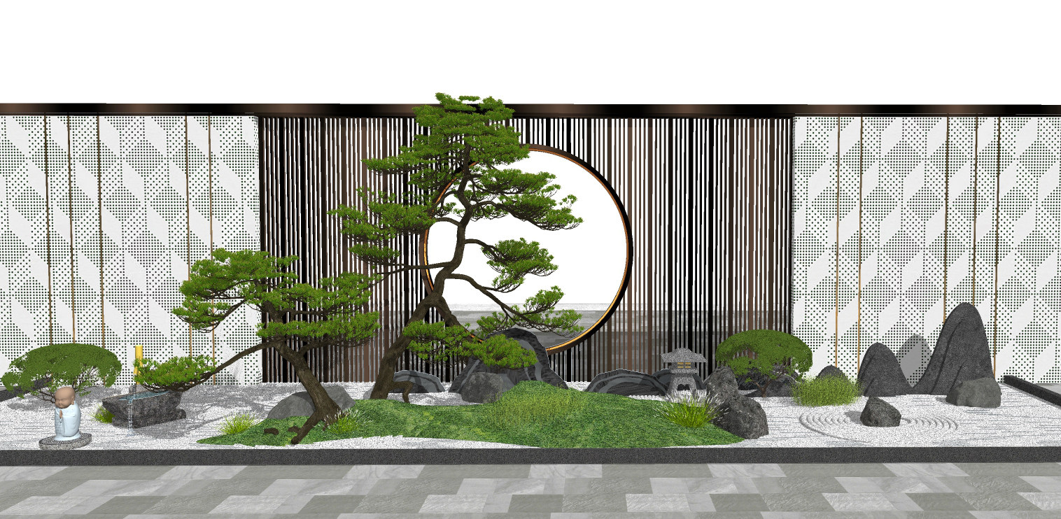 新中式日式禅意景观墙su草图模型下载