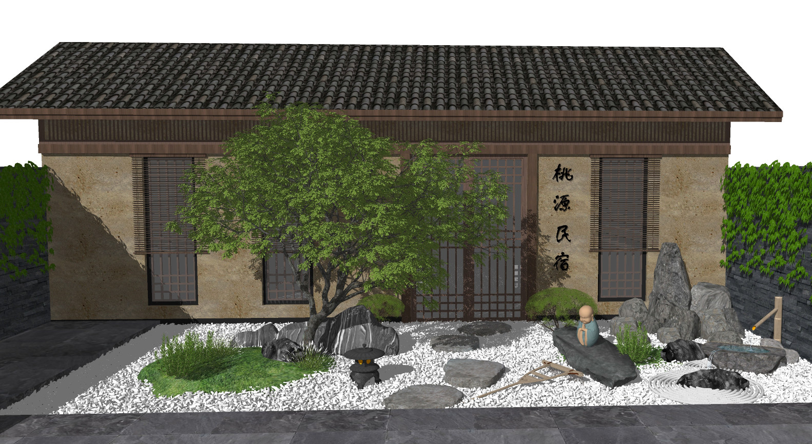 新中式日式枯山水庭院景观树su草图模型下载
