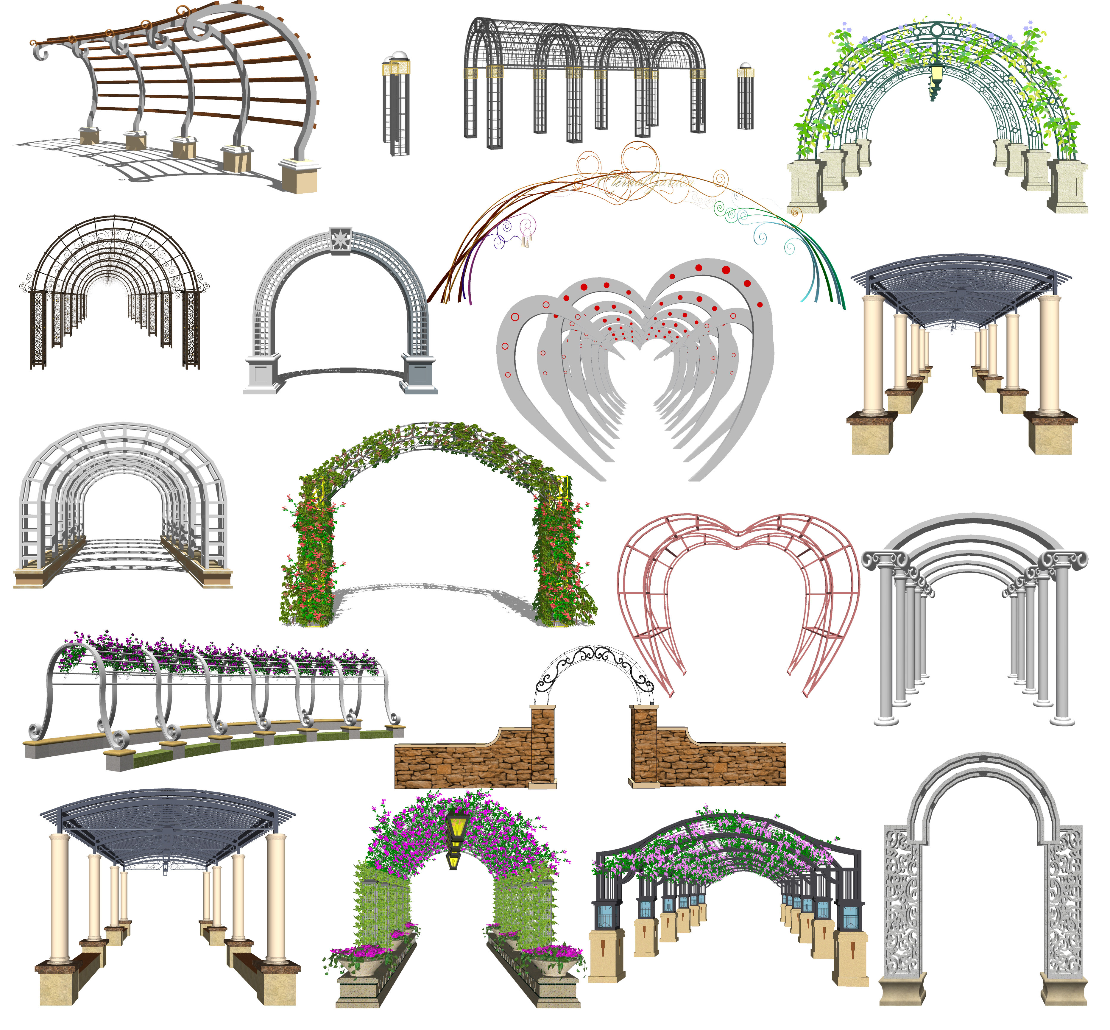 现代铁艺花拱廊架，婚礼现场花环，连廊su草图模型下载