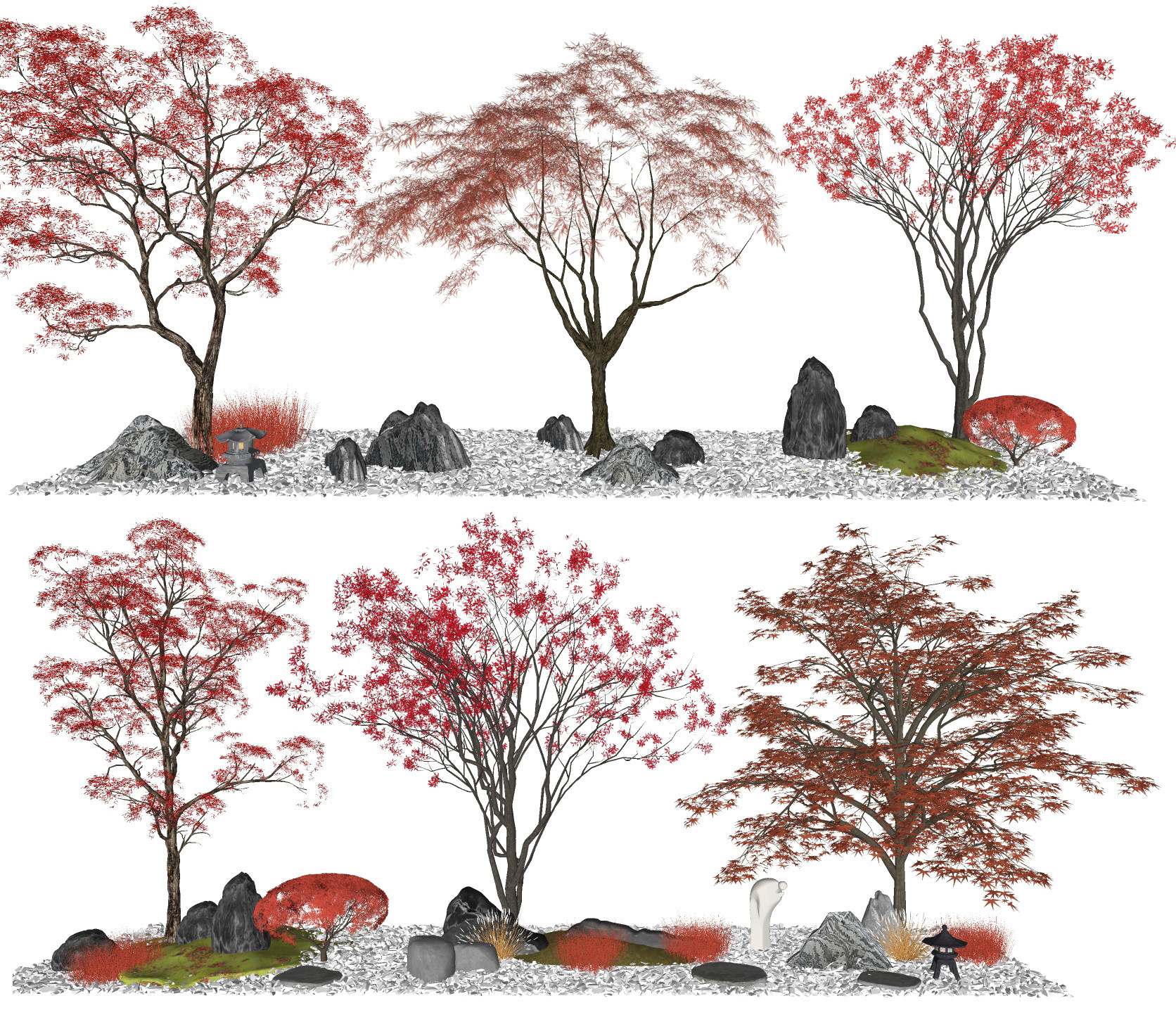 新中式景观树园艺小品树枫叶树，su草图模型下载