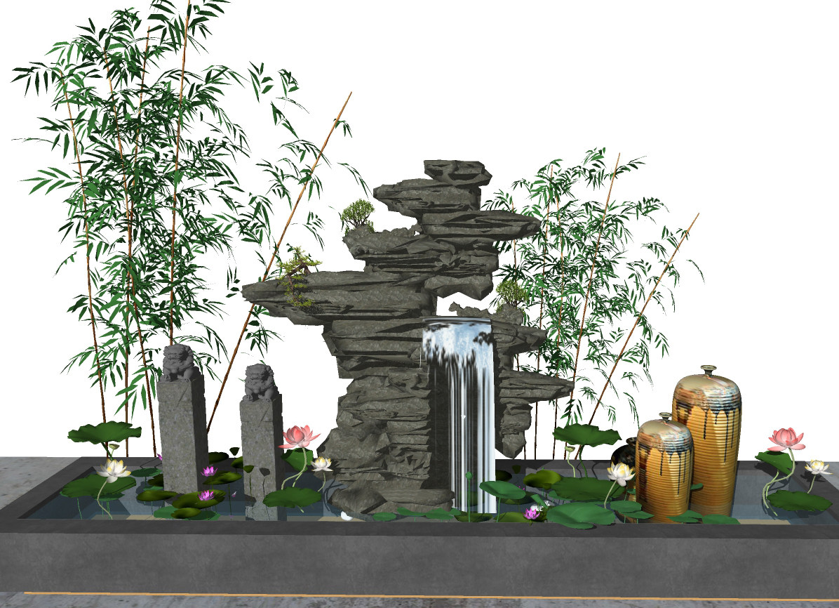 新中式荷花池园艺小品，竹子，石头假山，拴马桩，石狮子，水池su草图模型下载