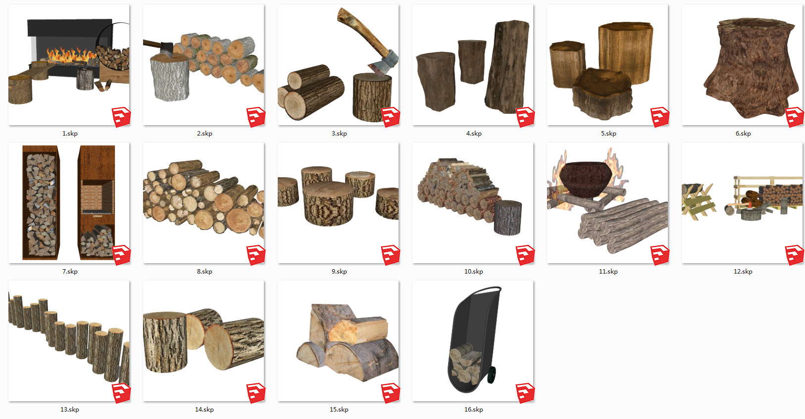 现代木头树桩木桩柴火，劈柴，木桩子火堆su草图模型下载