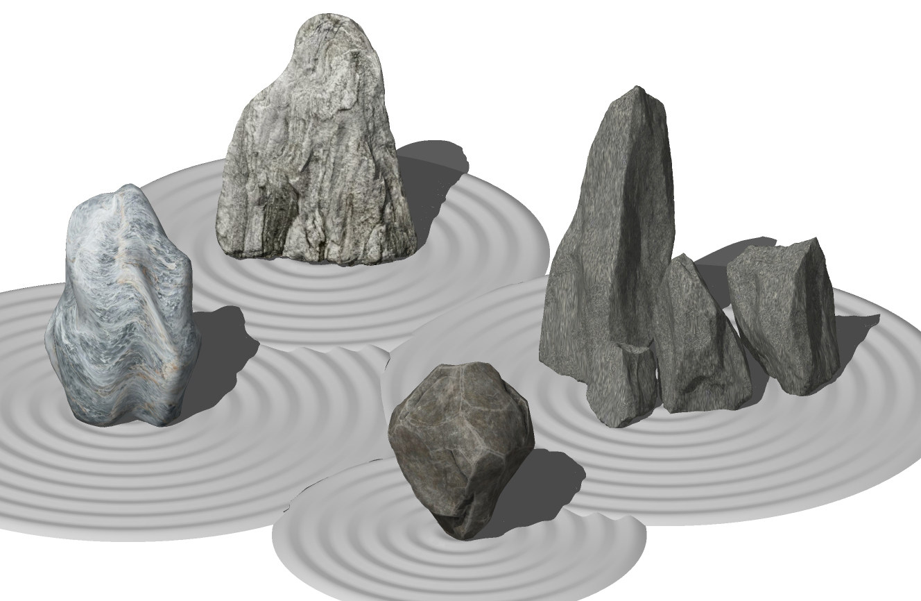 现代石头景观小品，枯山水su草图模型下载