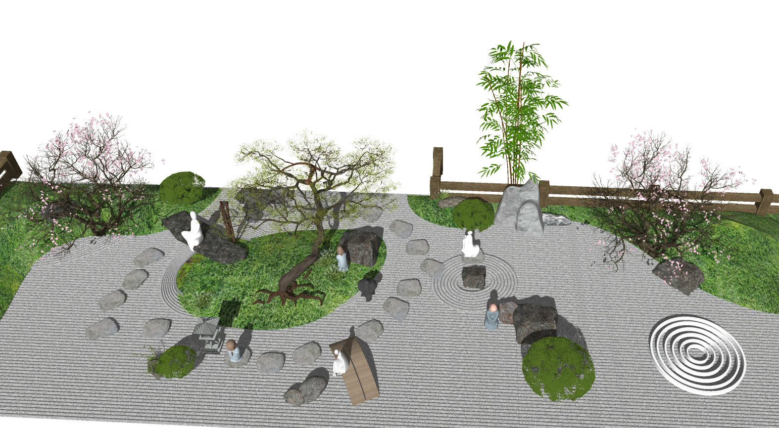 新中式日式景观小品园艺小品庭院景观枯山水石头树su草图模型下载