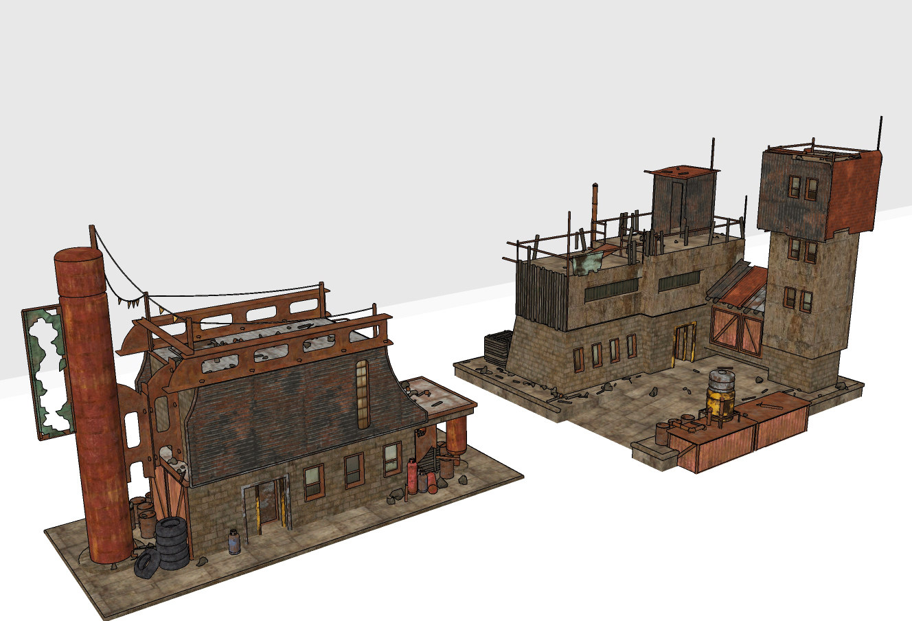 工业loft废墟,游戏废墟建筑外观su草图模型下载