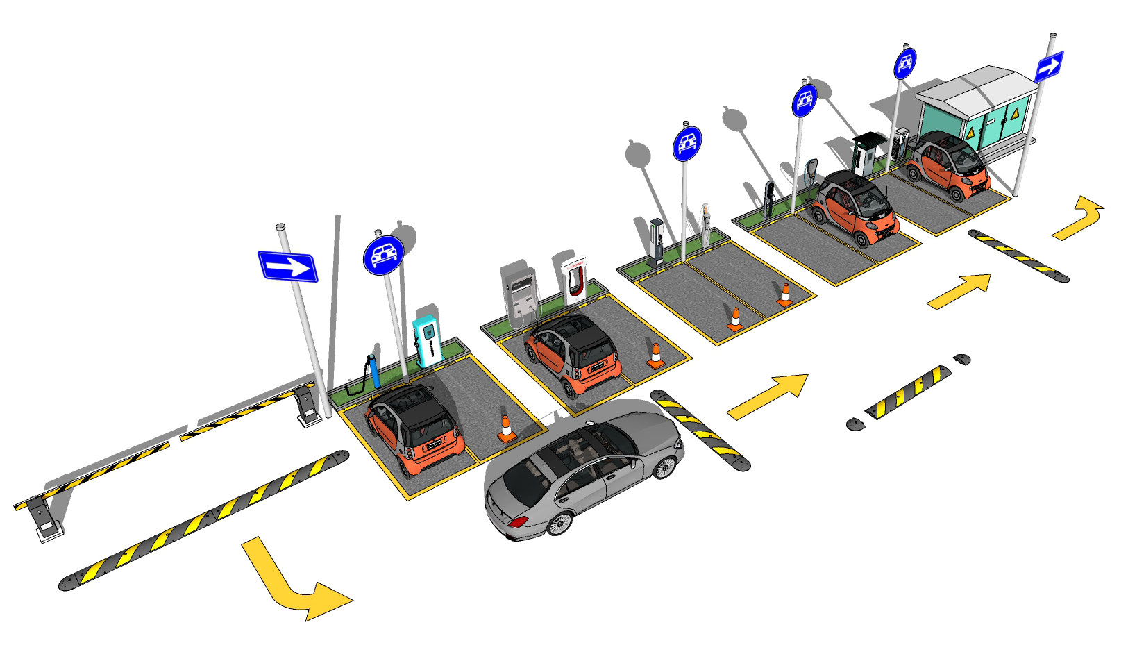 现代充电桩减速带收费停车场闸杆，闸机su草图模型下载