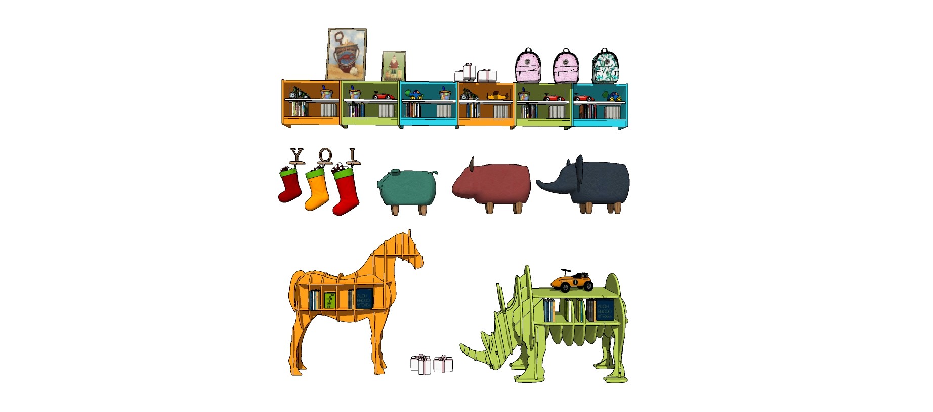 现代儿童异形书架，马犀牛动物书架，书柜玩具柜su草图模型下载