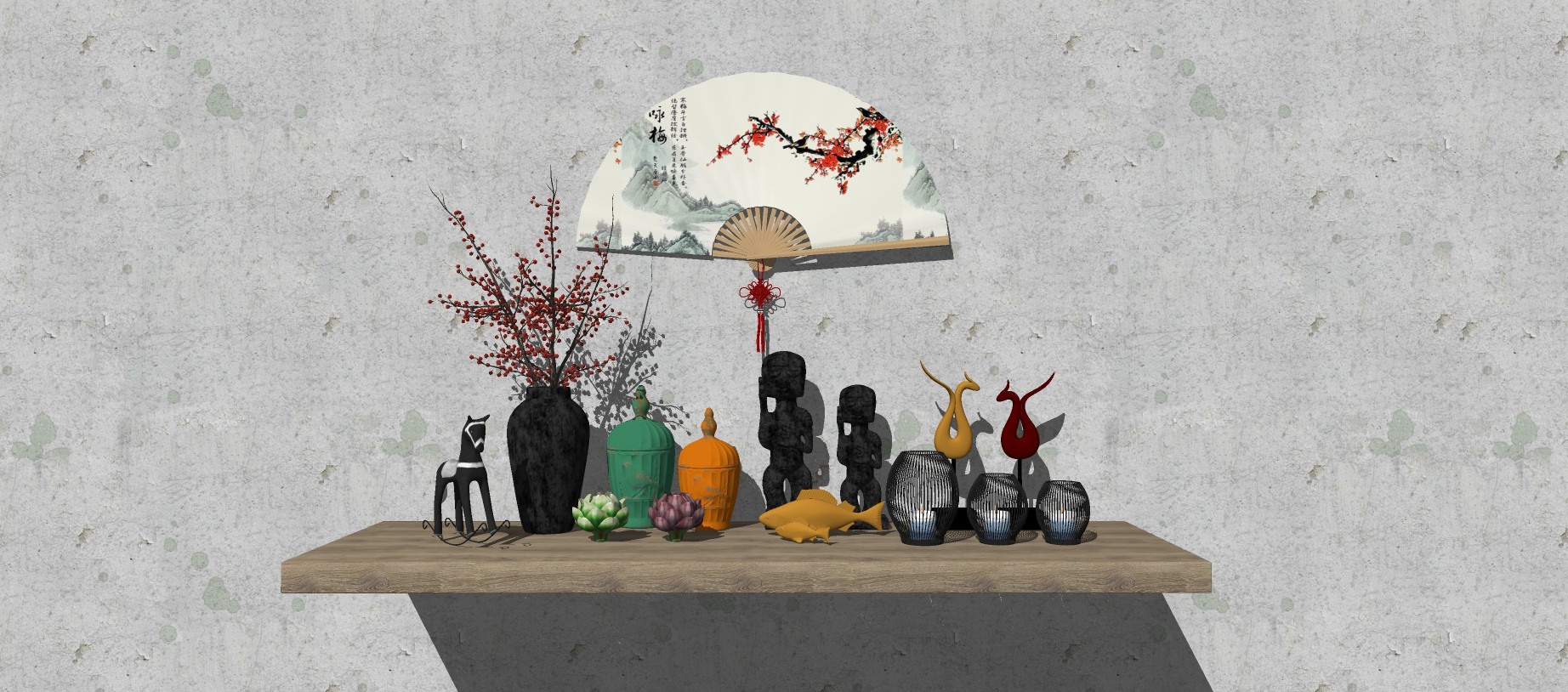 新中式摆件，折扇，扇子花瓶su草图模型下载