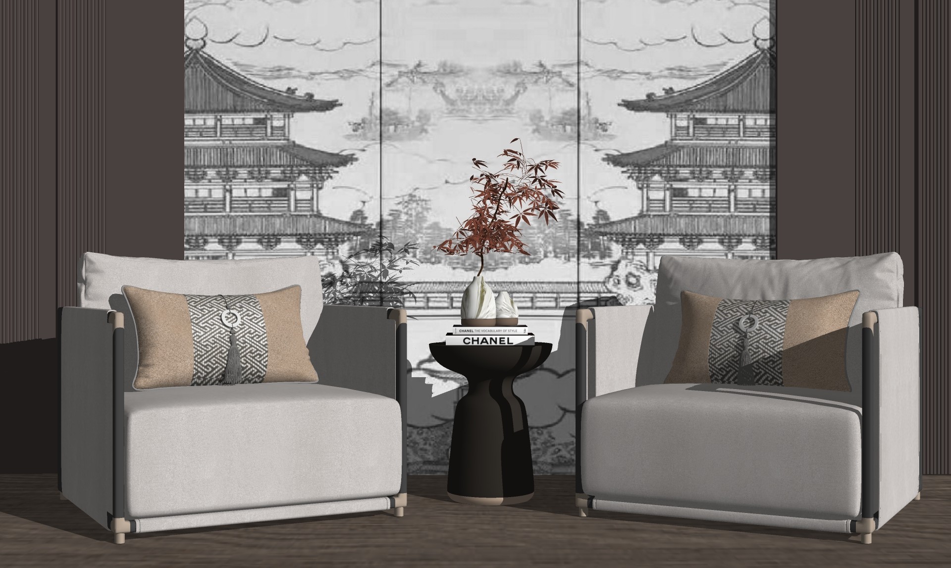 新中式单人沙发，圆形边几su草图模型下载