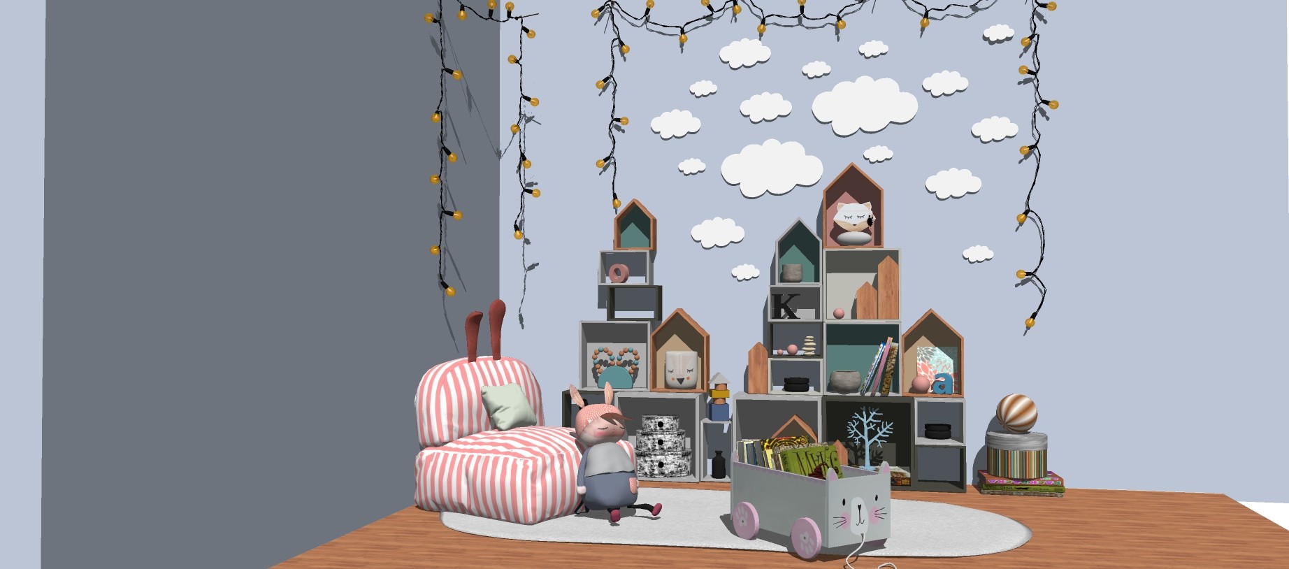 现代儿童房家具，书柜玩具沙发，云朵su草图模型下载