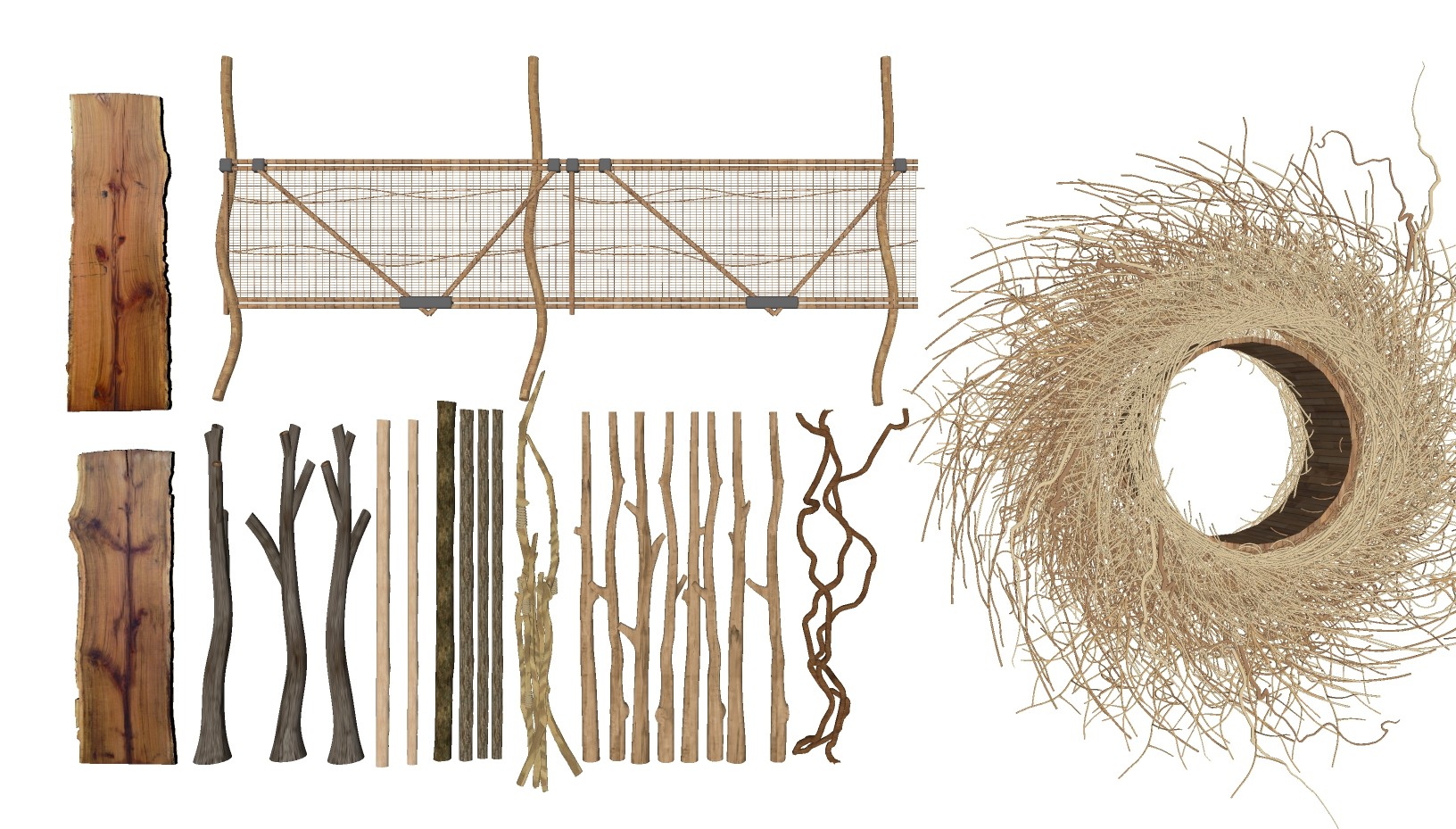 中式枯树树干，树枝，挂饰，木板栅栏隔断su草图模型下载