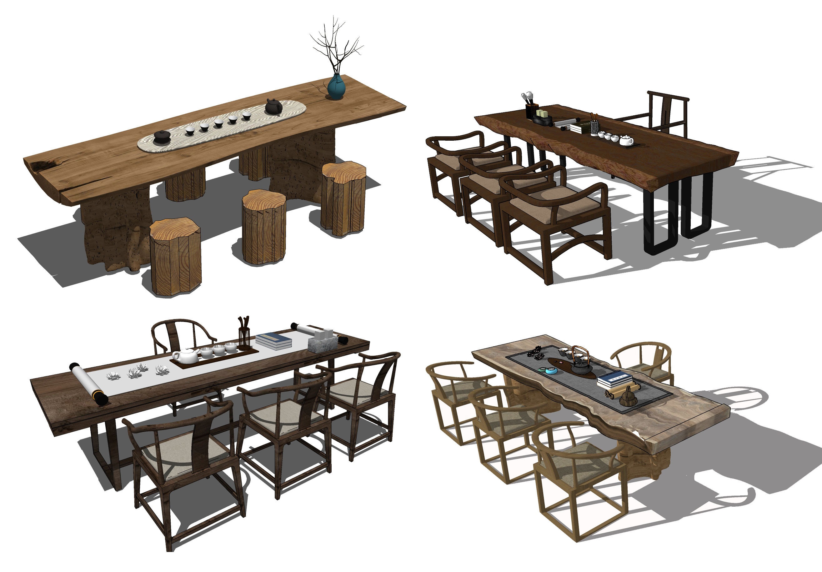 中式实木大板茶桌 桌椅，茶台茶座su草图模型下载